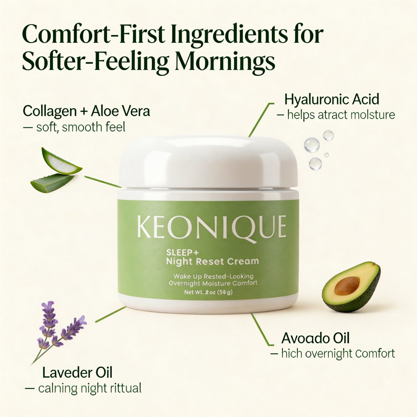 Comfort-first ingredients for softer mornings — collagen, aloe vera, hyaluronic acid, avocado oil, lavender oil in SLEEP+ Night Cream