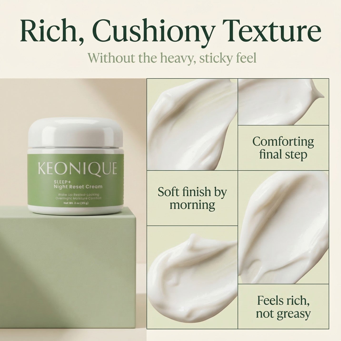 SLEEP+ Night Reset Cream rich cushiony texture — comforting final step, soft finish by morning, feels rich not greasy